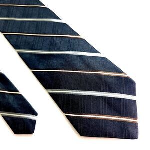Dkny Metallic Black W/ Silver Brown Striped Woven Silk‎ Tie